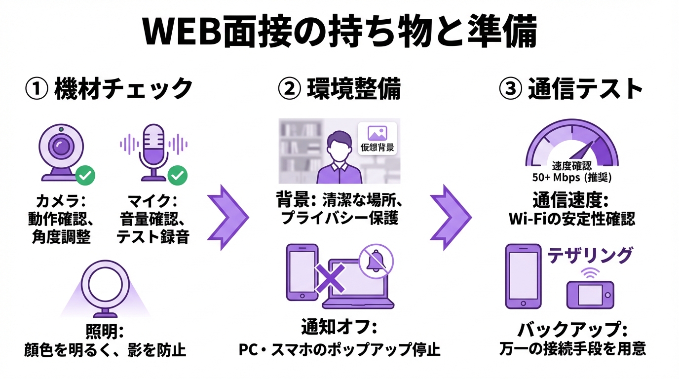 インフォグラフィック:WEB面接の持ち物と準備すべきアイテム