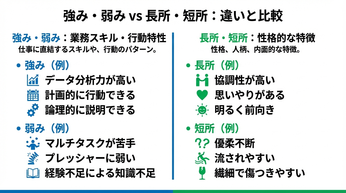インフォグラフィック:強み・弱みと長所・短所の違い