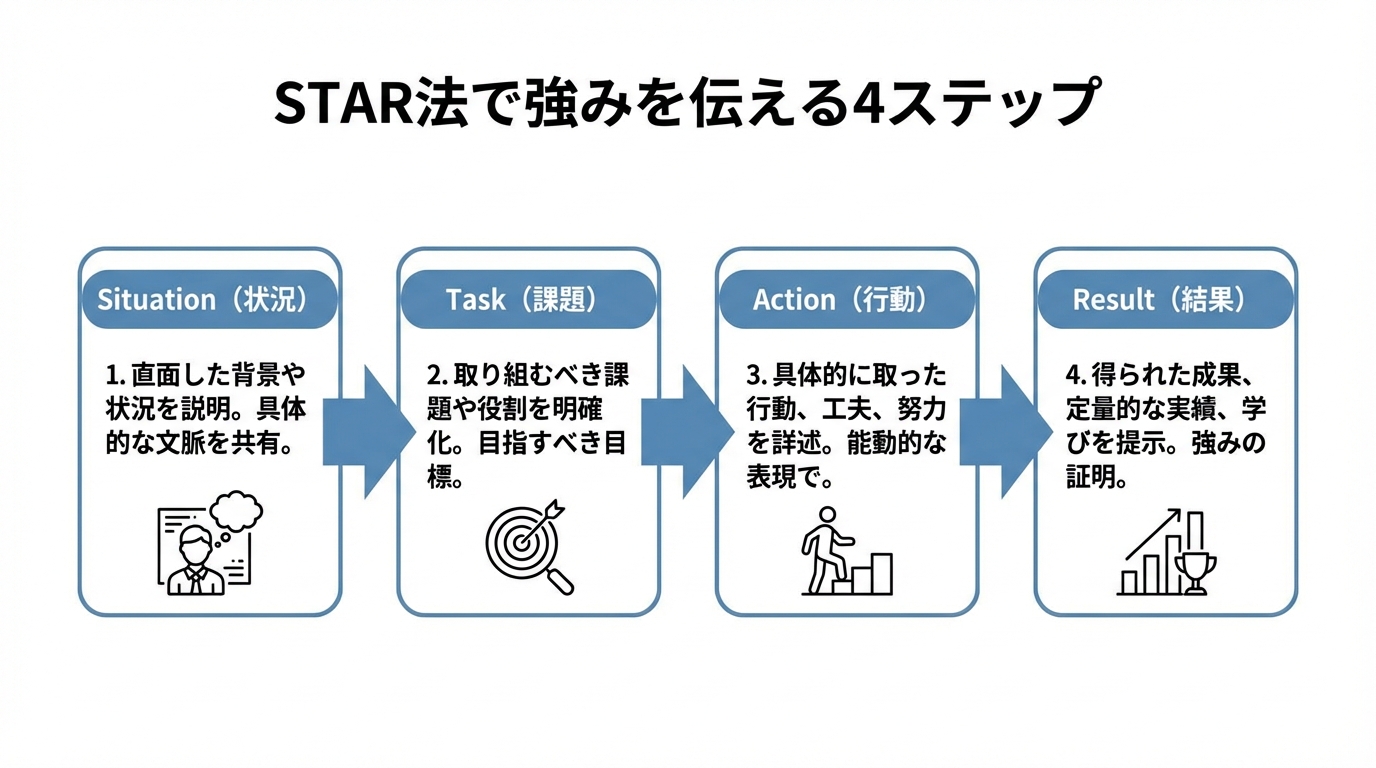 インフォグラフィック:STAR法で強みを伝える4ステップ