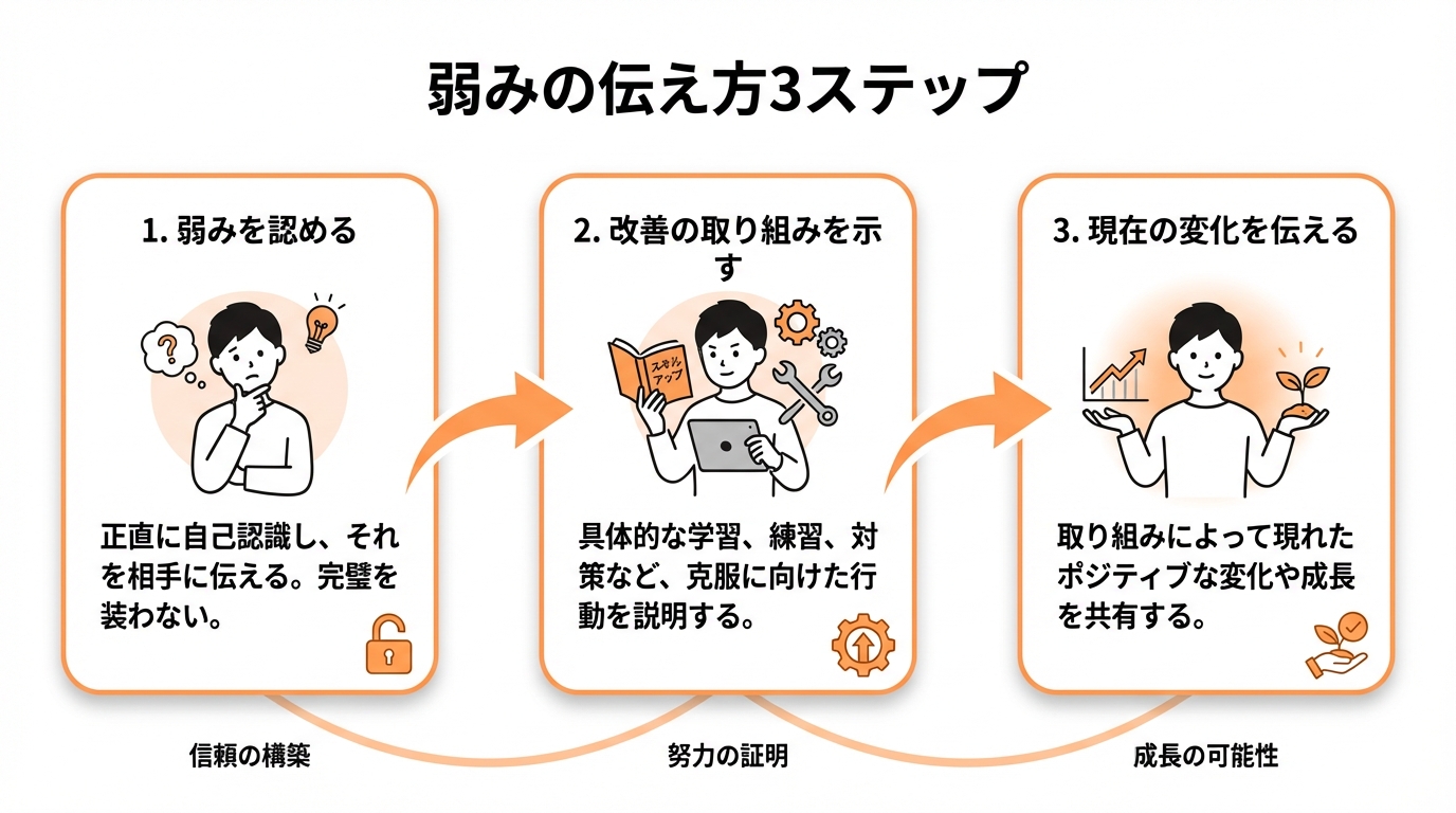 インフォグラフィック:弱みの伝え方3ステップ