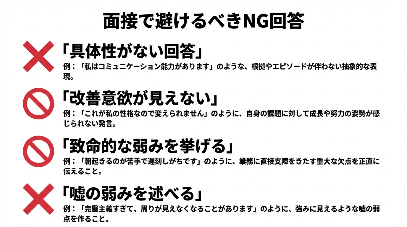 インフォグラフィック:面接で避けるべきNG回答4パターン