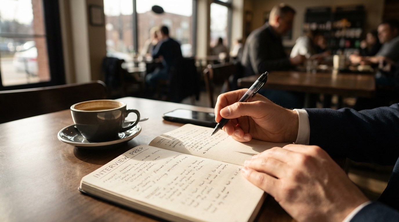 カフェでノートを開き面接準備をするビジネスパーソンの手元