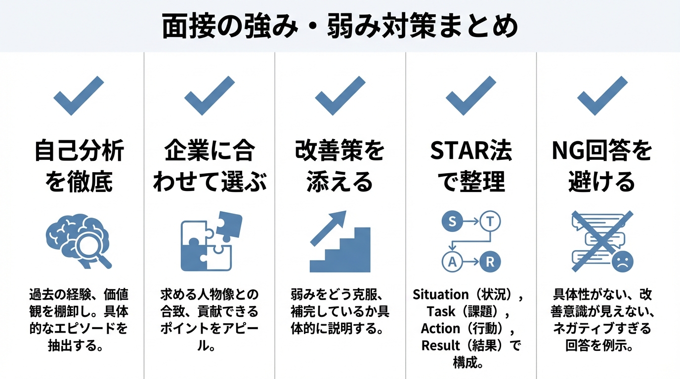 インフォグラフィック:面接の強み・弱み対策5つのポイント