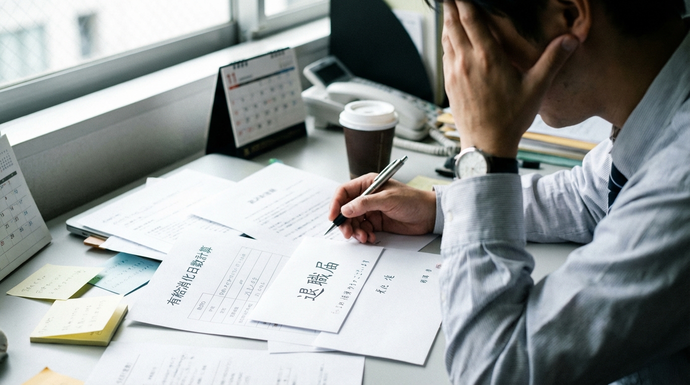 オフィスのデスクで退職届を前に考え込むビジネスパーソンの手元