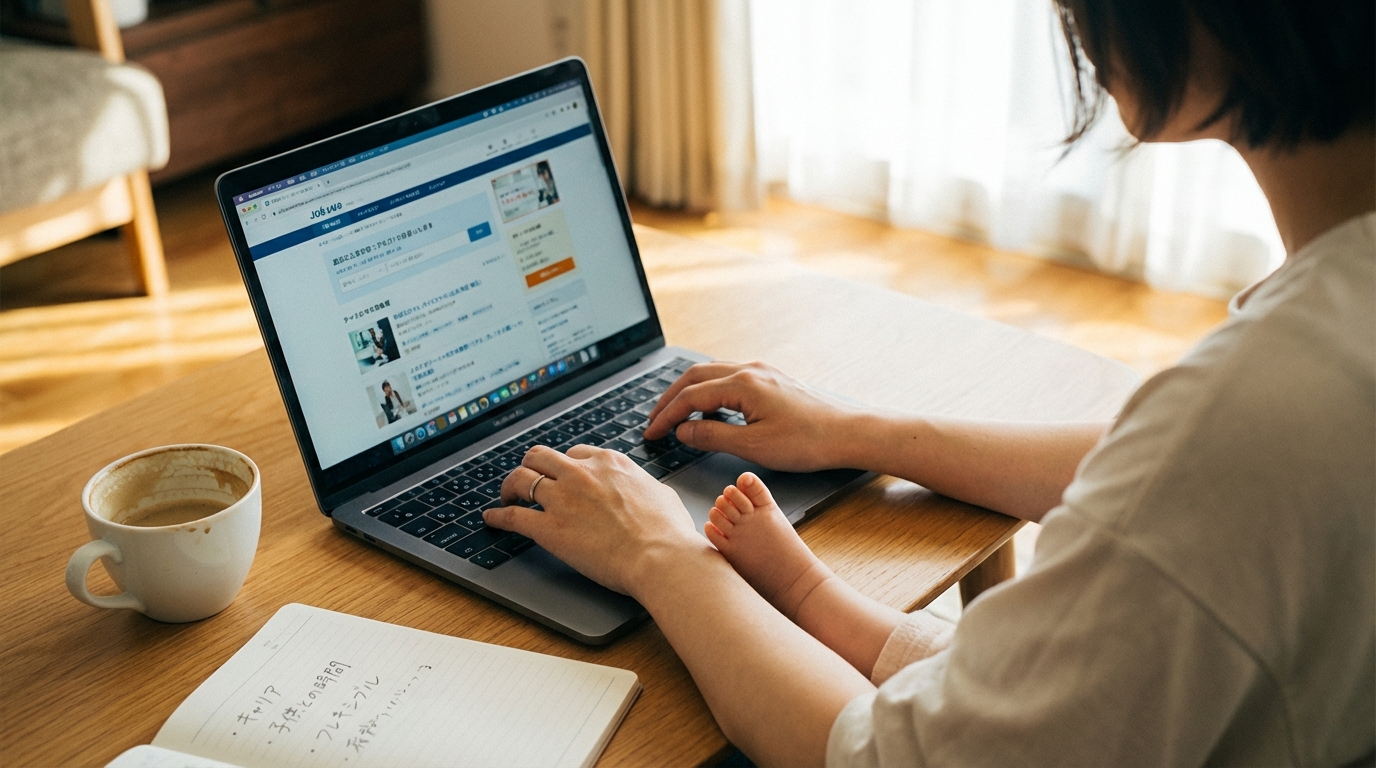 リビングでノートパソコンを開く母親の手元